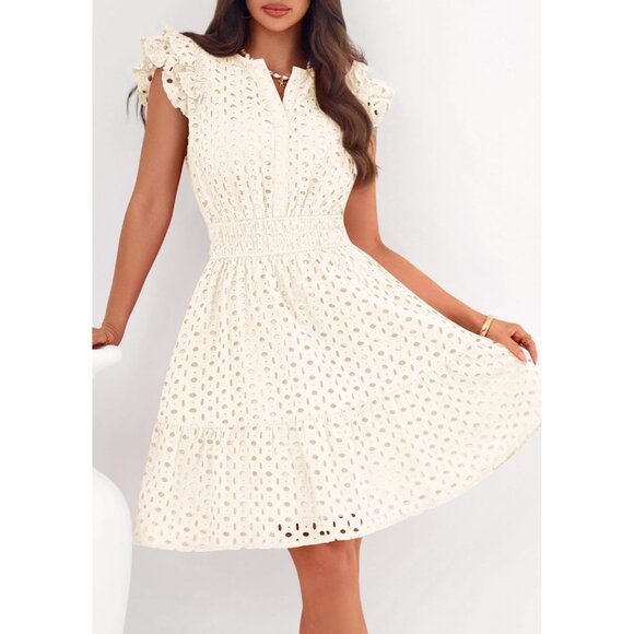 Women's Beige V Neck Eyelet Cap Sleeve Summer Beach Vacation Sundresseses - Picture 5 of 8